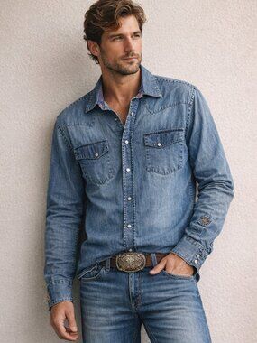 Stone Rose Denim Shirt Jacket Guitar Print Snap Front Shacket Western Medium